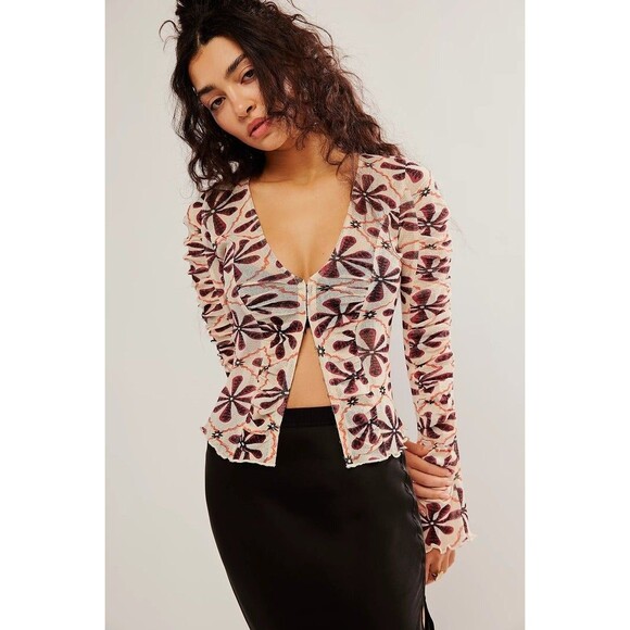 Free People Through The Meadow Blouse Top Ruched Floral Printed Cotton L 271481 - Picture 1 of 9